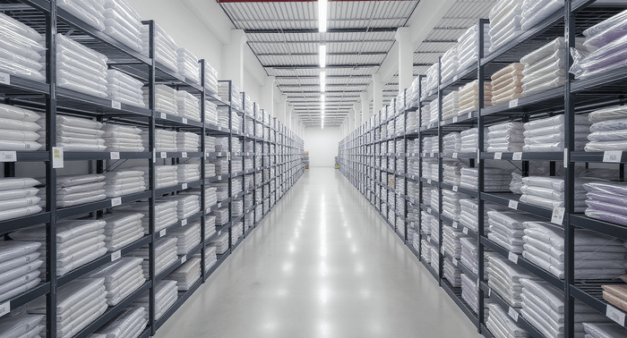 着物がずらりと並ぶ倉庫通路