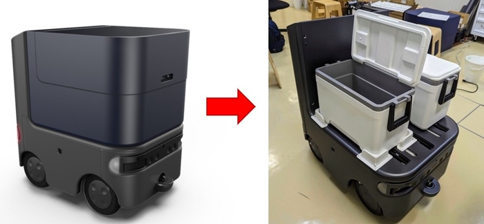 宅配用途に作られたデフォルトの荷室(左)、今回の実証実験用に市販のクーラーボックスを荷室として取り付け(右)