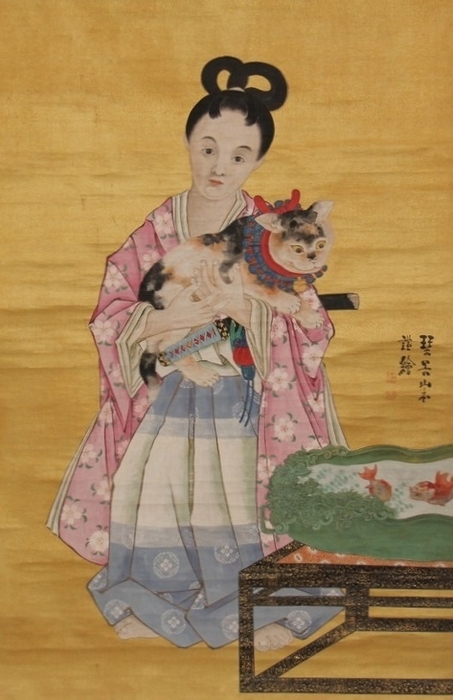 童児擁猫図(部分) 山本琴谷 明治時代・19世紀 絹本着色 東京国立博物館蔵