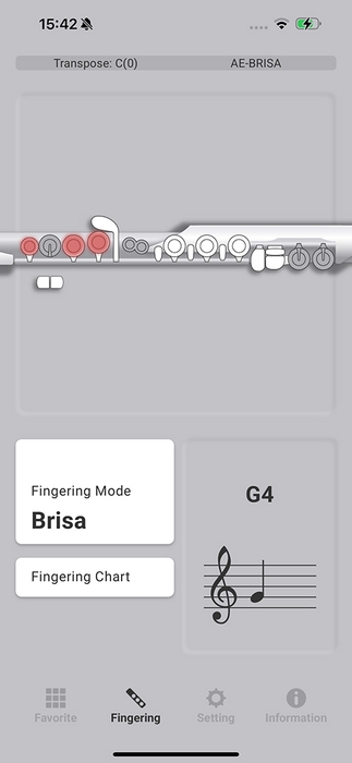 『Aerophone Brisa Plus』 運指表示の画面イメージ