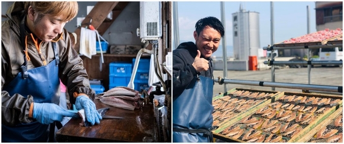 左:ハイパー干物クリエイター藤間さん。右:当社代表山本。藤間さんの元で研修を受けた。