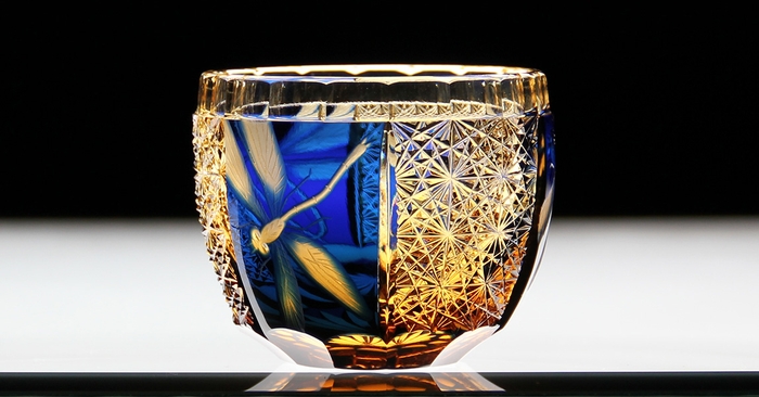 Jewel Kiriko 江戸切子×花岡グラヴィール 蜻蛉 琥珀瑠璃