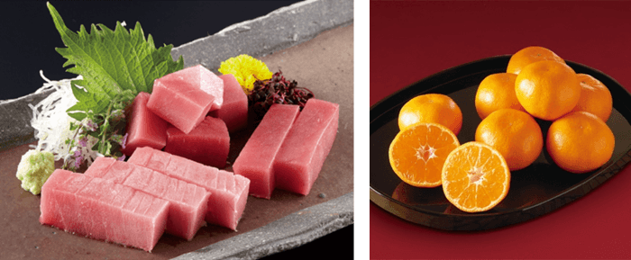 近大マグロセット(左)、近大みかん(右)