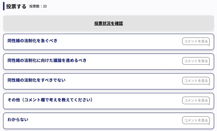 「同性婚の法制化をすべきか?」投票画面
