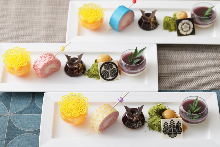 【デザート・姫スイーツ御膳(濃姫・寧々・築山御前プレート)】 兜 (マンゴーとチョコレートのムース) /簪ロール(ピーチ風味のロールケーキ) /フレンチお汁粉 (パンナコッタ&あんこソース) /秀吉も愛したみたらし団子/杏とオレンジのジュレ/抹茶わらび餅