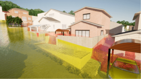 仮想空間で再現した土石流(黄色が警戒区域、赤色が危険区域。透過で、埋もれた部分を分かりやすくしています)©Lagrof design&technology