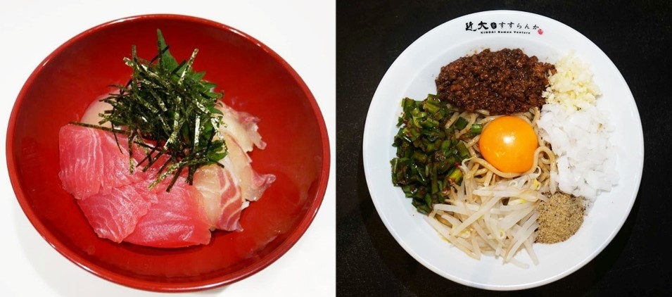 「近大マグロの紅白丼」(左)、学生起業家が販売する 「近大まぜそば」(右)