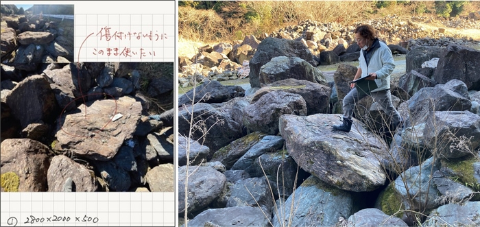 気に入った石に番号を明記(左)保管場所で石を選ぶ村上(右)