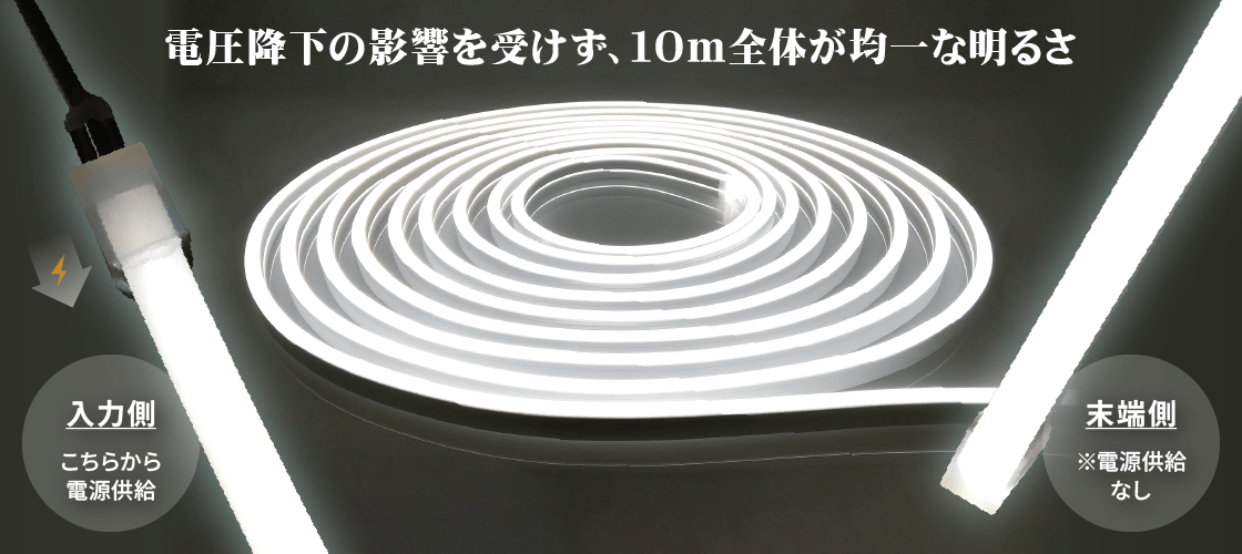 電圧降下の影響を受けずに10mまで均一な明るさ