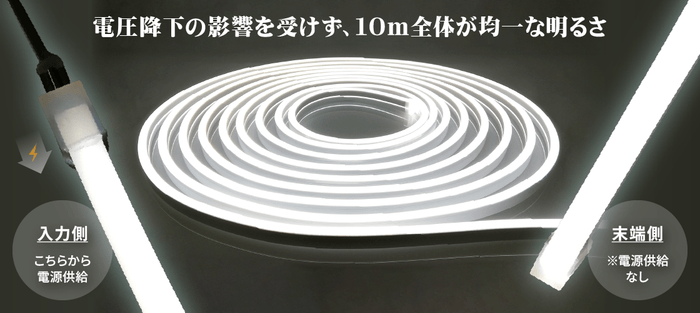 電圧降下の影響を受けずに10mまで均一な明るさ