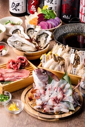 2023年新メニュー！生でも食べられる 豊洲直送の鯛と生牡蠣をしゃぶしゃぶに。 10種のキノコと野菜盛りは食べ放題