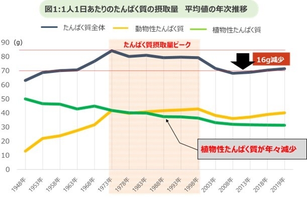 1人1日あたりのたんぱく質の摂取量 平均値の年次推移
