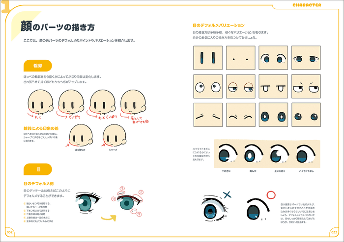 顔のパーツ描き方（輪郭や目など）