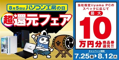 「8月5日はパソコン工房の日 超還元フェア」を 7月25日から8月12日までの期間限定で開催 人気のゲーミングPCや高性能ノートPCなど 対象iiyama PCのご購入で最大10万円分相当を還元