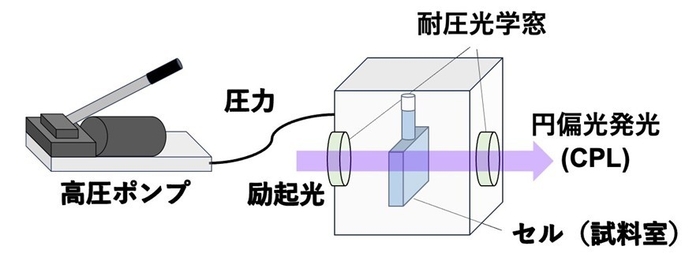 静水圧による高圧円偏光発光(CPL)計測系(概念図)