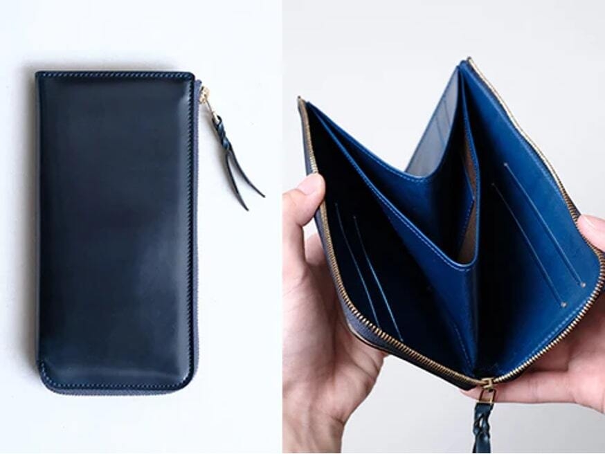 ネイビー 外側:アメリカ産シェルコードバン・ネイビー 内側:イタリア産植物タンニン鞣し牛革(ブッテーロ)・ブルー