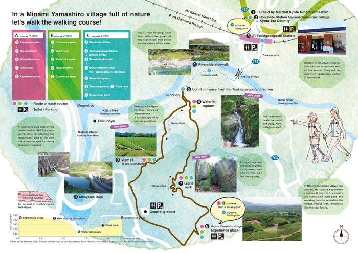 梅木さんが主体となり英語版と日本語版のマップを作成 「南山城村 森林ウォーキングコース」(中面)