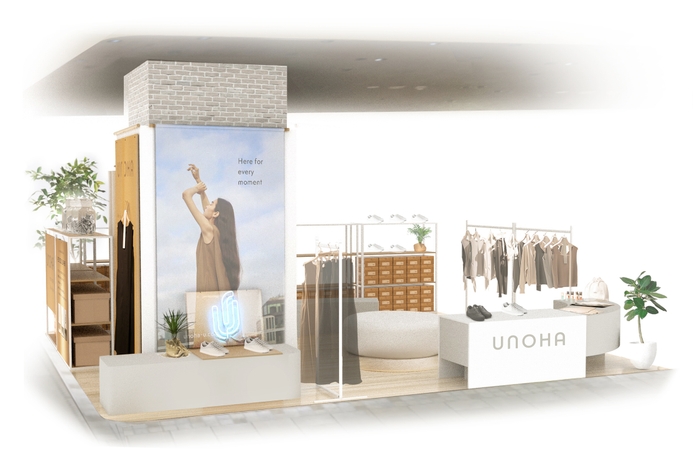 「UNOHA」アトレ恵比寿ポップアップイメージ。 ~お客様にゆっくりと商品をお選びいただける様に、ソファを中心に構成した寛げる店舗デザイン~