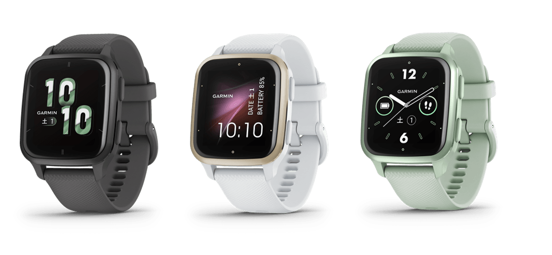 Venu Sq 2 左から:Shadow Gray/Slate、White/Cream Gold、Cool Mint/Metallic Mint