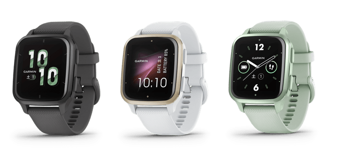 Venu Sq 2 左から:Shadow Gray/Slate、White/Cream Gold、Cool Mint/Metallic Mint