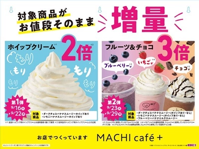 【ローソンMACHI cafe＋】　ホイップ2倍、フルーツ3倍！ 増量しても“お値段そのまま”キャンペーン”を開催中！ なめらかチョコが楽しめる新商品 『カフェモカスムージー』も新登場！