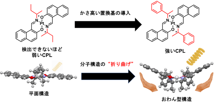 図1.本研究で開発した白金錯体の代表的な分子構造。かさ高い環状置換基の導入によって分子の折れ曲がりが引き起こされ、強いCPLを示す。