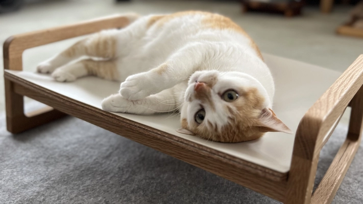 猫がくつろぎやすい形状のシンプルな木製 ネコベッドが登場！ 7月30日まで「Makuake」にて先行予約販売を実施