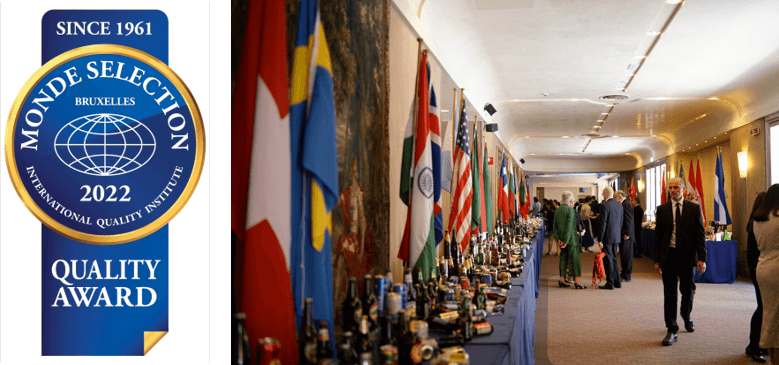 モンドセレクションのロゴ(左)と、2019年度のローマ授賞式のレセプション風景(右)