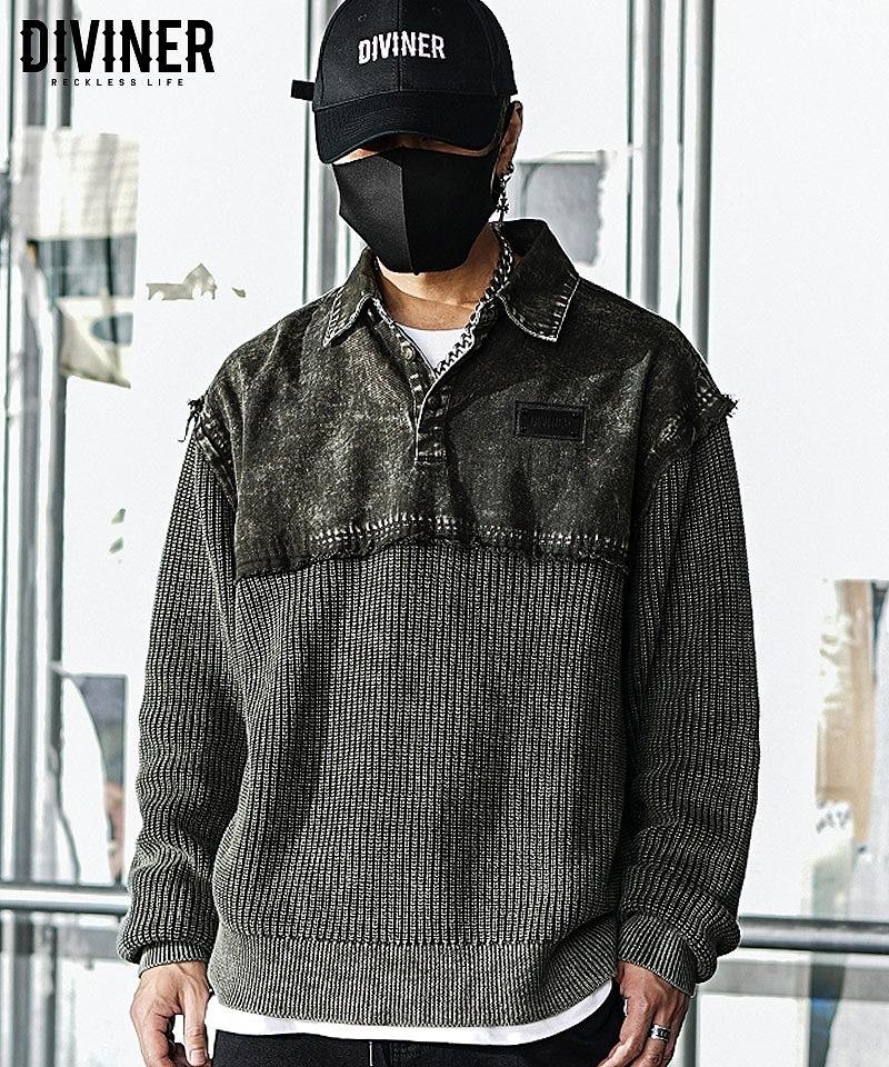 Dirty Switching Knit Polo Shirt(カーキ)