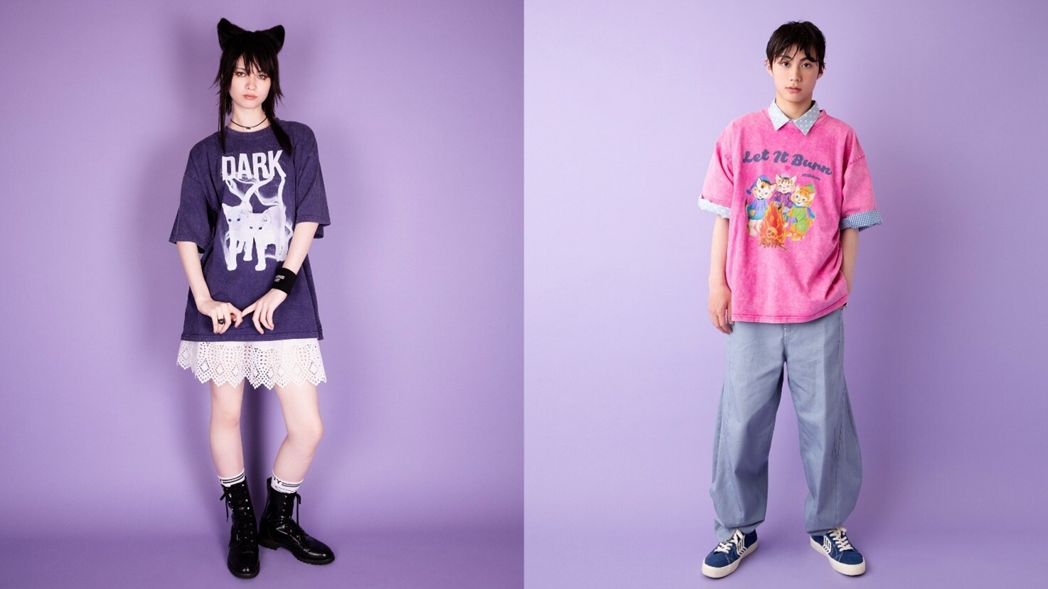 左)Tシャツ 12,100円 バブーシュカ 7,700円 スカート 19,800円 右)Tシャツ 12,100円 (全て税込み)