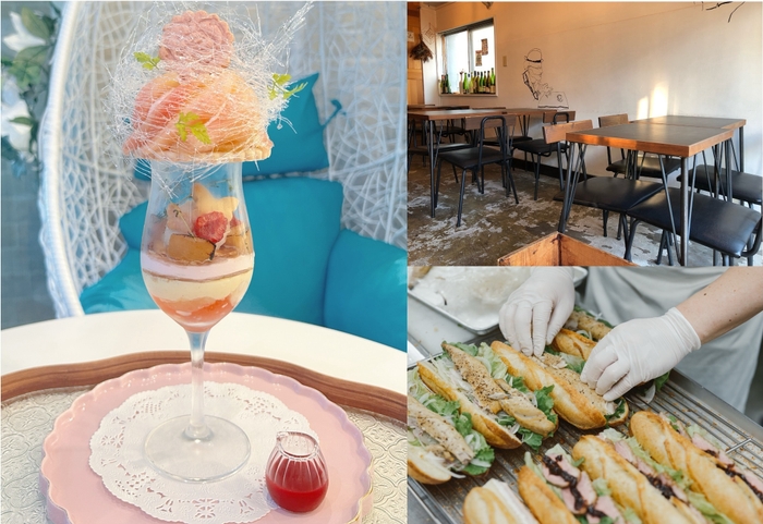 (画像左)Lillemillefyの桃のパフェ、(右上)珈琲とワインのある暮らし25の内観、(右下)シャポードパイユのバケットサンドイッチ