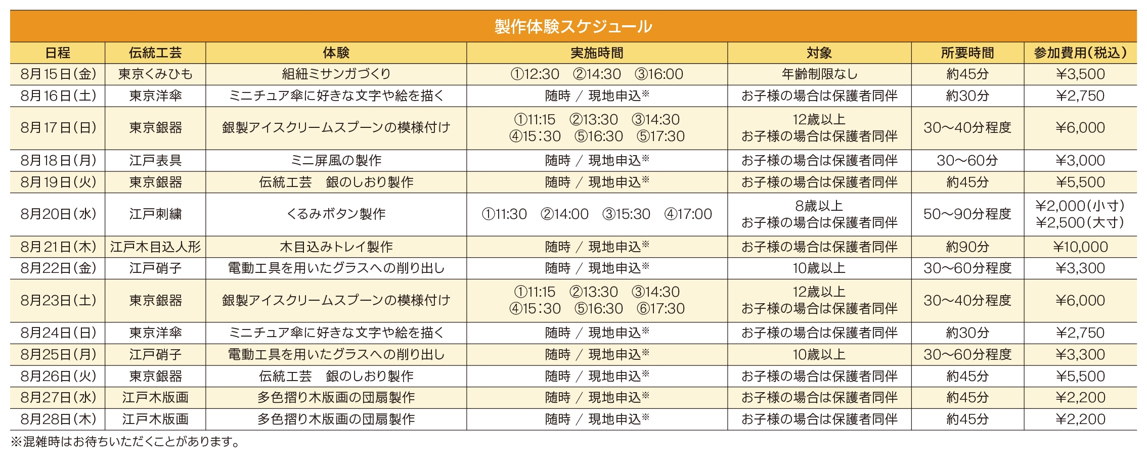 製作体験の日程