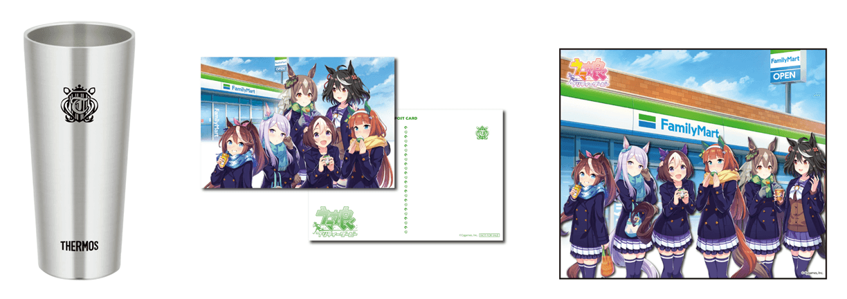 トレセン学園ロゴ入りタンブラー(左)、オリジナルポストカード(中)、オリジナルキャンバスアート(右)(C)Cygames, Inc.