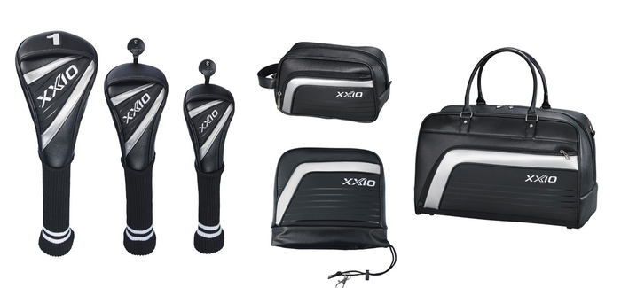 写真左から、ヘッドカバー(GGE-X163D、F、H)、写真中央上段、ラウンドポーチ(GGB-X163RP)、 写真中央下段アイアンカバー(GGE-X163I)、写真右、ボストンバッグ(GGB-X163)