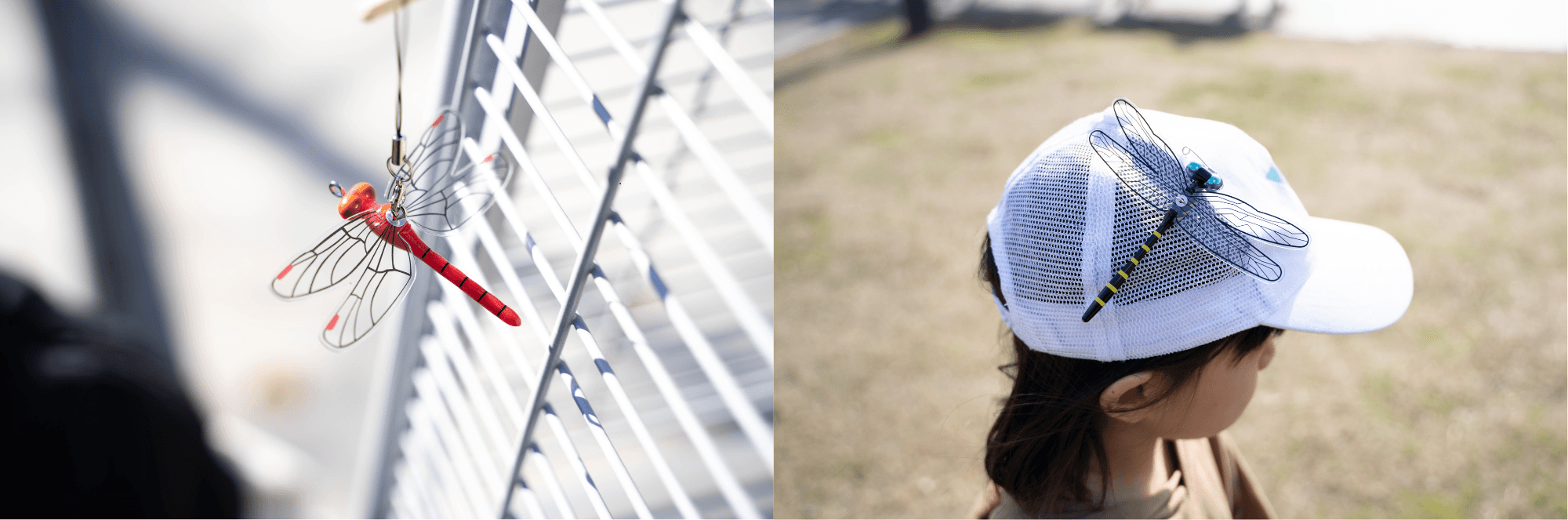 (画像左から、従来品の「あかねちゃん(R) ストラップタイプ」「おにやんま君(R) 安全ピンタイプ」)