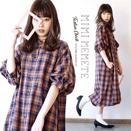 MIMIMEMETE(ミミメメット):ボリュームタックスリーブ チェックワンピース