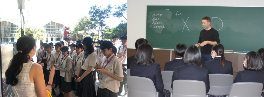 平成31年(2019年)海外語学研修の様子(左)、令和3年(2021年)事前学習の様子(右)