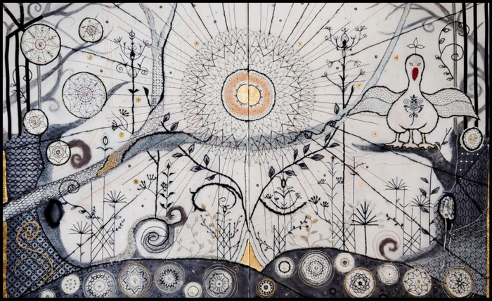 【サムサラの森／太陽の暗号】幾何学刺繍＋墨アート作品　size：1167×1820mm