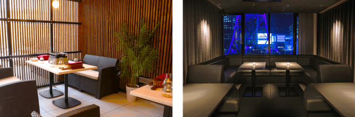 【ルーフフロア】雨でも利用可能なビアガーデン席、【アフターバー】BBQの後は涼しい屋内へ