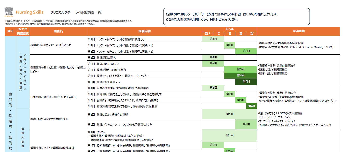 ナーシング・スキルラダー_レベル別講義一覧_抜粋画面