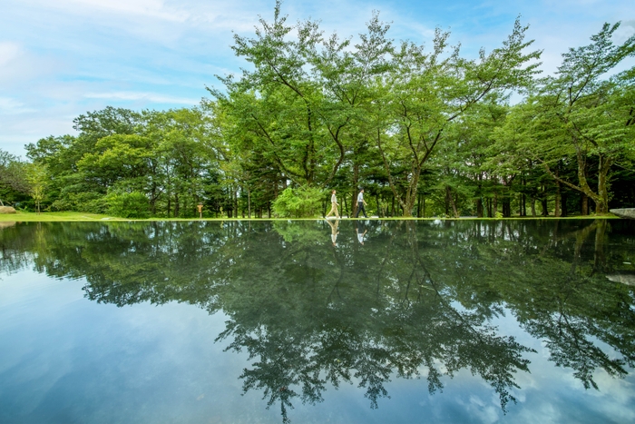 木々や空がうつりこみ、水の流れる音が心地良い「水音の水盤」