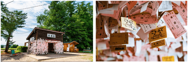 幸福切符が貼られた実際の幸福駅 ピンク色の切符に思い思いの願いを書き込みませんか?