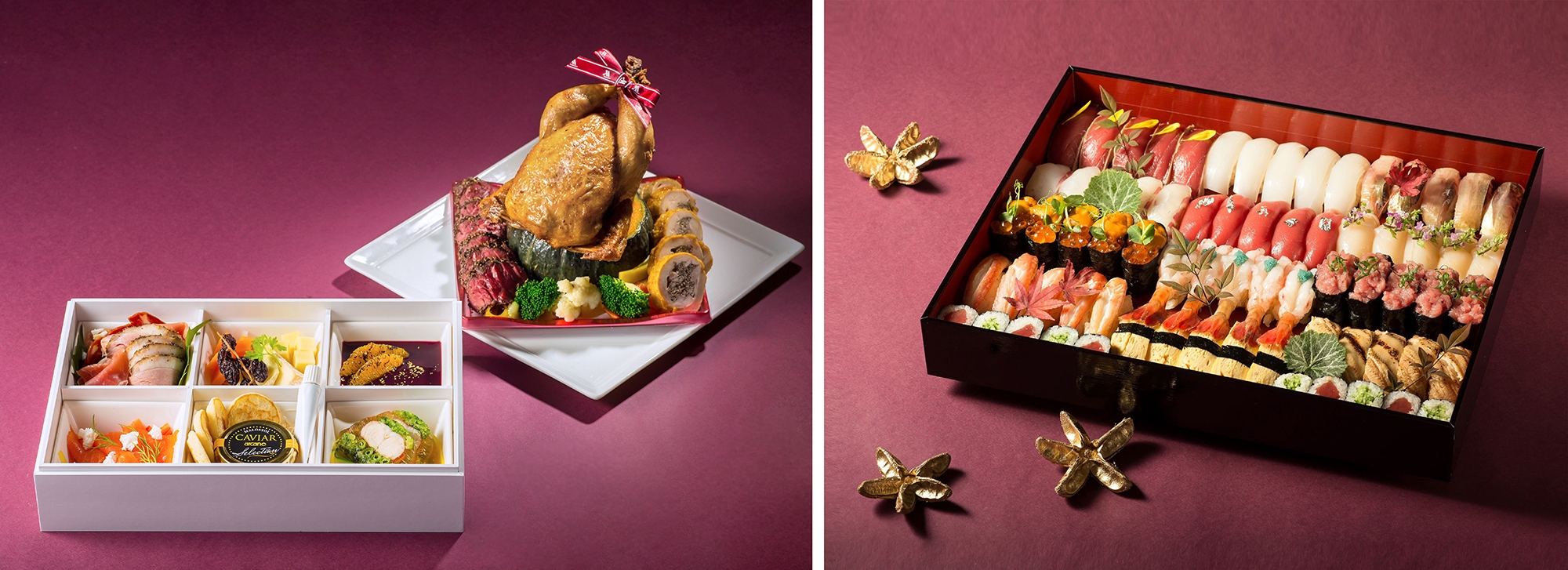 (左)Christmas Takeout   イメージ (右)特選寿司「御殿山(五人前)」   イメージ