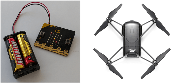 出前授業で活用する教育向けマイコンボード「micro:bit」(左)、ドローン(右)