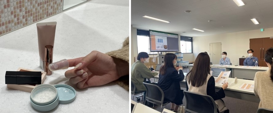 化粧用指型シリコーンパフ「ゆびパフ」(左)、学生が錦城護謨株式会社の社長にプレゼンテーションを行う様子(右)
