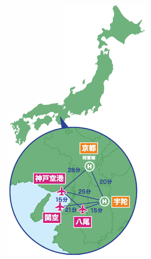 関空・神戸・京都・宇陀 ヘリコプターの所要時間