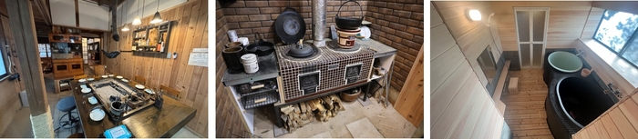 (左から)いろり、かまど、五右衛門風呂