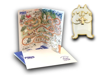 ◆PINS FACTORY（ピンズファクトリー）◆2008年冬のピンズレタープレゼント！！★イラストレーター吉沢深雪さんデザインのネコピンズが付いたクリスマスカードです。