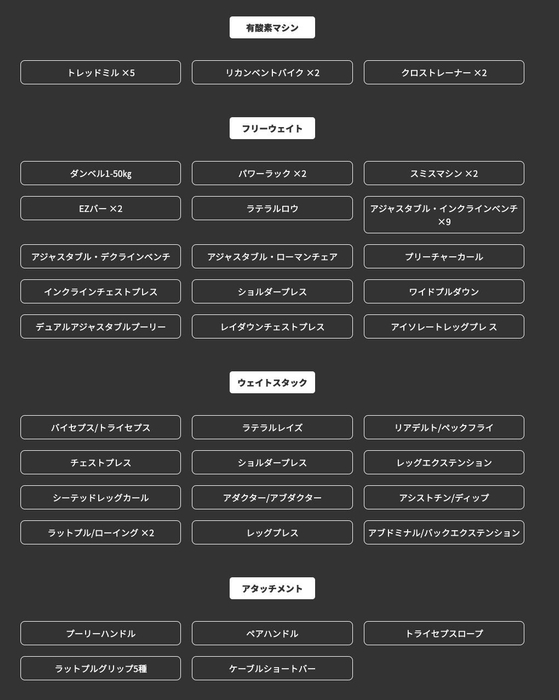 充実したマシンラインナップの一覧表。有酸素マシン、フリーウェイト、ウェイトスタック、アタッチメントを完備