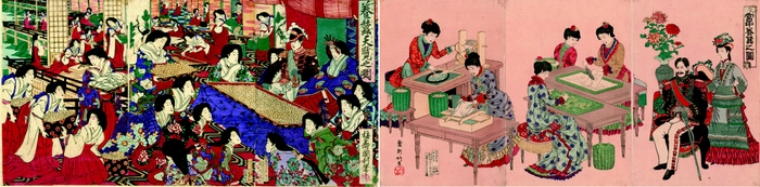 (画像左)歌川国利作「養蚕天覧之図」 (画像右)翠軒竹葉作「宮中養蚕之図」